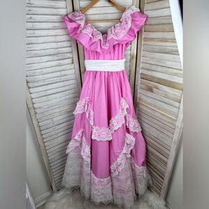 Vintage Fuschia Pink Southern Belle Victorian Lace Ruffles & Bow Details Formal